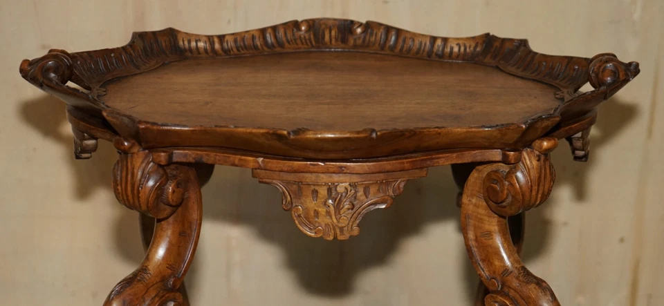 ANTIQUE FRENCH HAND CARVED TEA SILVER TRAY TABLE WITH REMOVABLE SERVING TRAY TOP - Image 4 of 4
