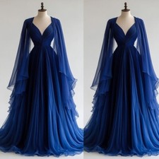 Gothic Navy Blue Wedding Dresses with Cape V Neck Full Length A Line Bridal Gown