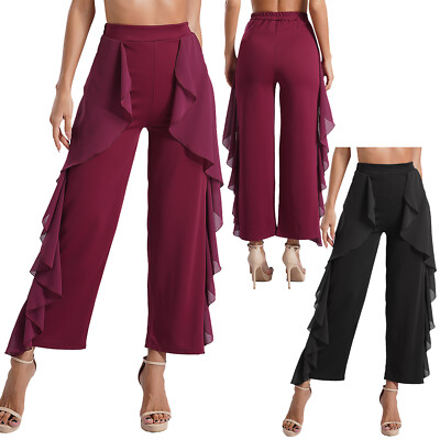 Women Latin Dance Pants Ruffled Drape Wide-Leg Pants Ballroom