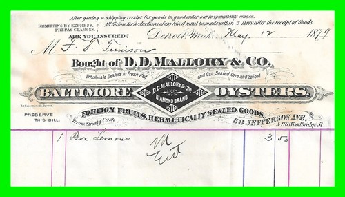 1879 Detroit MI DD Mallory & Co Baltimore Oysters Diamond Brand Letter Head Bill