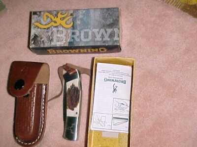 Mint In Box  BROWNING 794 LOCKING POCKET KNIFE - STAG SCALES - PAPERS ETC - NICE