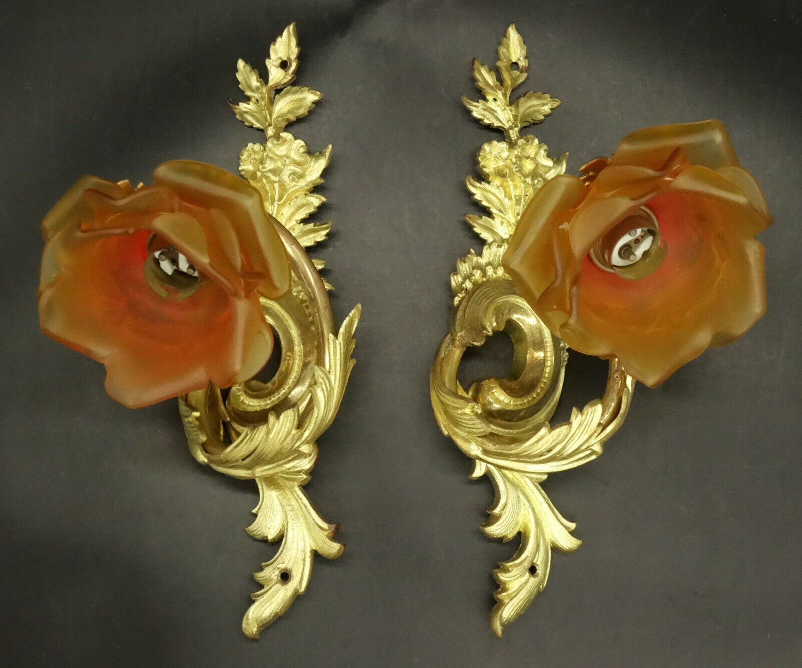 PAIR OF SCONCES LOUIS XV STYLE EARLY 1900 - BRONZE & GLASS - FRENCH ANTIQUE