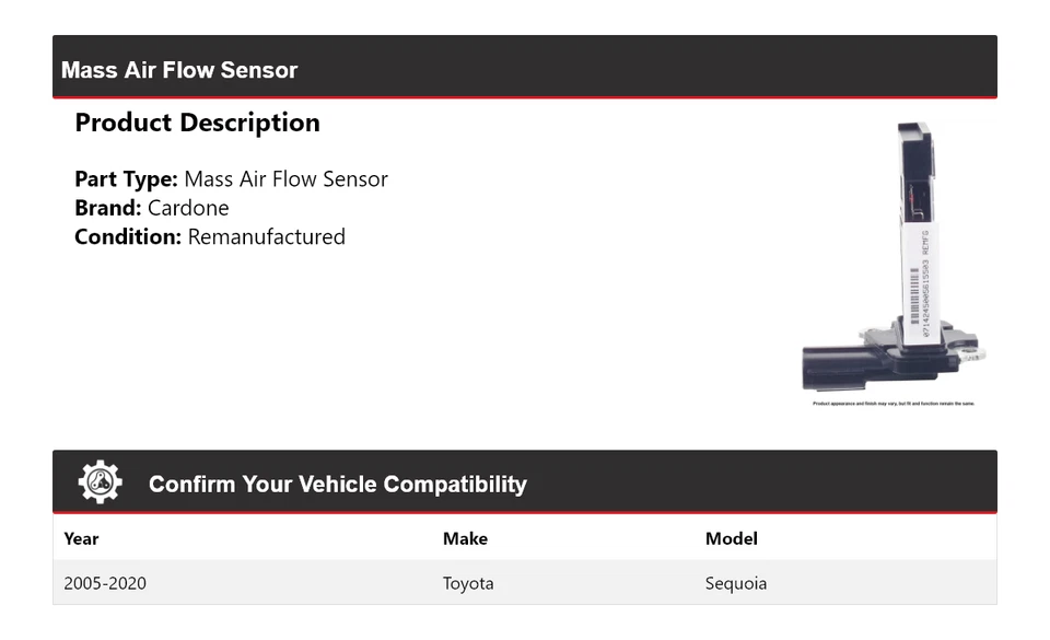 Sensor de flujo de aire masivo Cardone para Toyota Sequoia 2005-2020 2006 2007 2008 2009 Foto 2 de 4