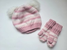 Baby Gap Girls Pink Striped Hat Mitten Set 2 Furry Pom Poms XS/S 12-24 Mos NWT