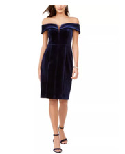 VINCE CAMUTO Navy Velvet Illusion V-Neck Off the Shoulder Seamed Dress 2 = XS 💙