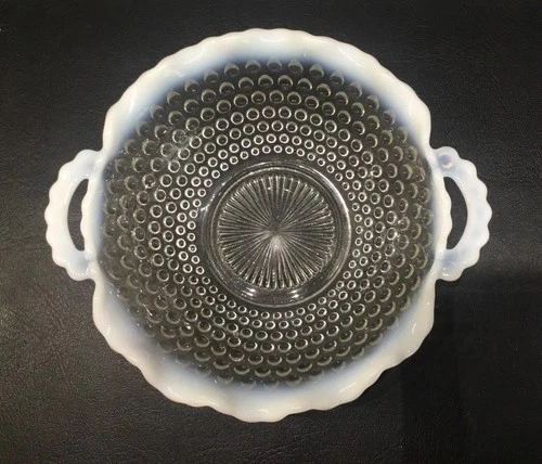 Vintage Anchor Hocking Hobnail Moonstone Opalescent Ruffled Glass Bowl w Handles