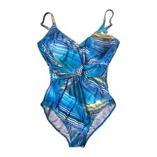 VTG Gottex Goddess One Piece Swimsuit Sz 12 Blue Wave Abstract Ruched Y2K