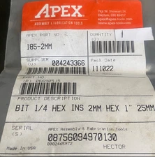 Apex Tool Group 185-2Mm-orsion Bit, Metric, 1/4", Hex, 2Mm, 1",  - NEW