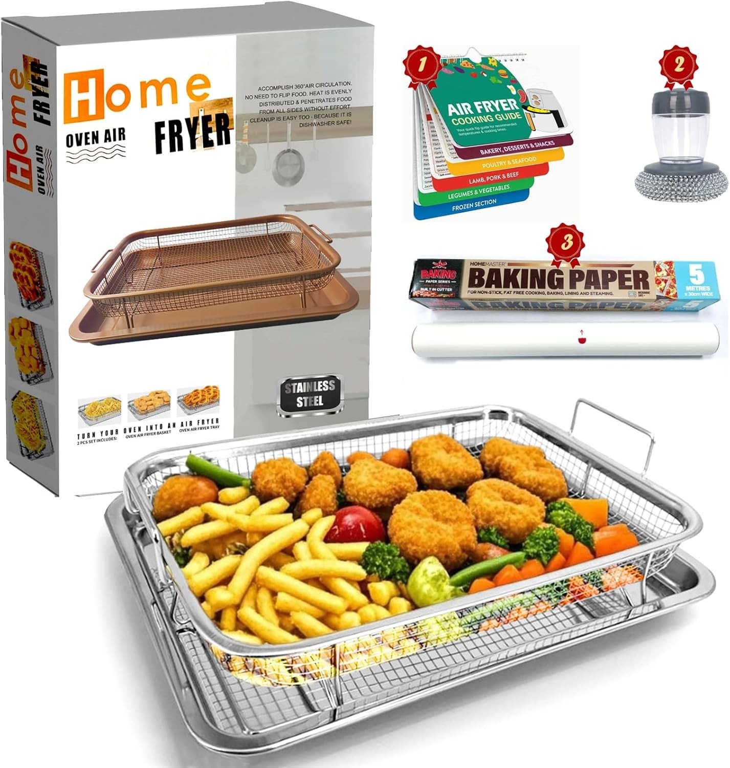 Air fryer Basket,Stainless Steel Oven Fryer Pan and 13x8.7-S2, Argen
