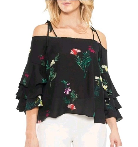 Blusa Vince Camuto 9138106 Tropic Heat Tie Hombro Frío Negra Roja Floral Talla XL