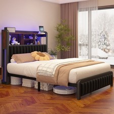 Full/Queen Size Metal Bed Frame with Storage Charging LED Headboard