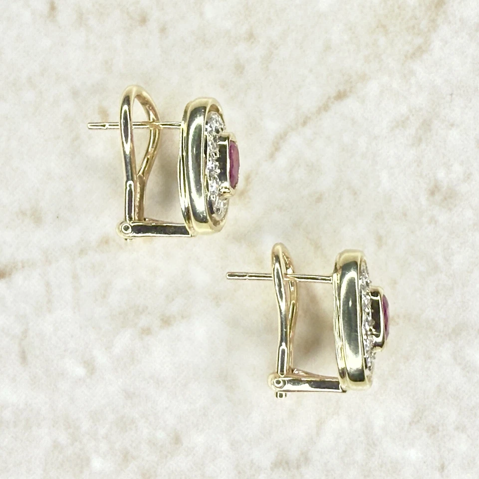 Vintage 14K Natural Diamond & Ruby Halo Earrings - 14K Yellow Gold Ruby Earrings - Image 4 of 4