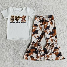 Girls Short Sleeve Top Bell Pants Set Peace Love Cows 2PCS Outfit