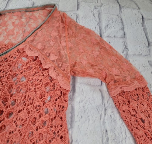 BKE Gimmicks Medium Orange Coral Pieced Lace Sweater Crochet Top Blouse M - Picture 8 of 10