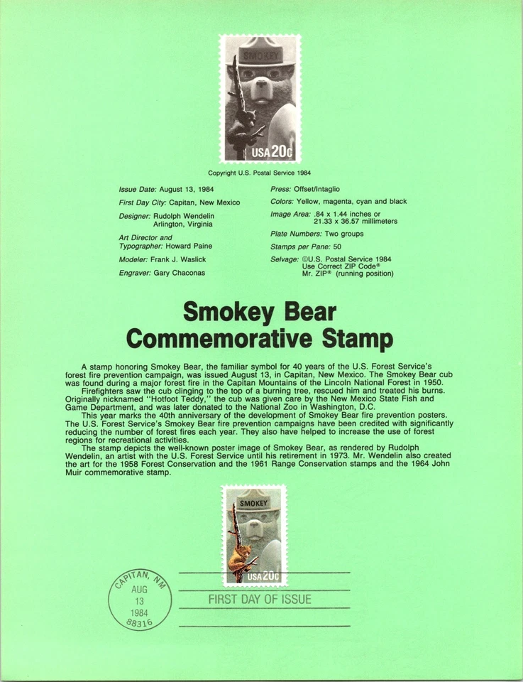USPS First Day Cover FDC Souvenir Sheet: Smokey Bear $0.20 Stamp Scott #2096 - Image 2 of 2