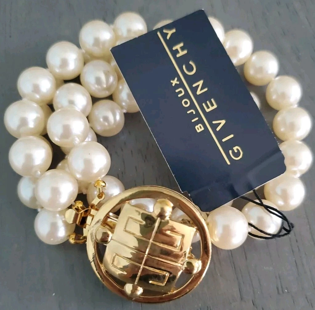 Bracciale Vintage Givenchy 4G Logo Tono Oro Finta Perla Triplo Filo NOS