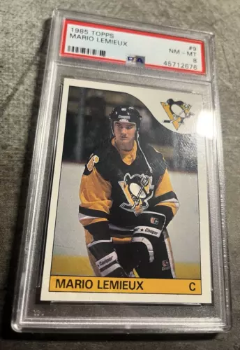 PSA 8 1985-86 TOPPS #9 MARIO LEMIEUX RC ROOKIE CARD NM-MINT