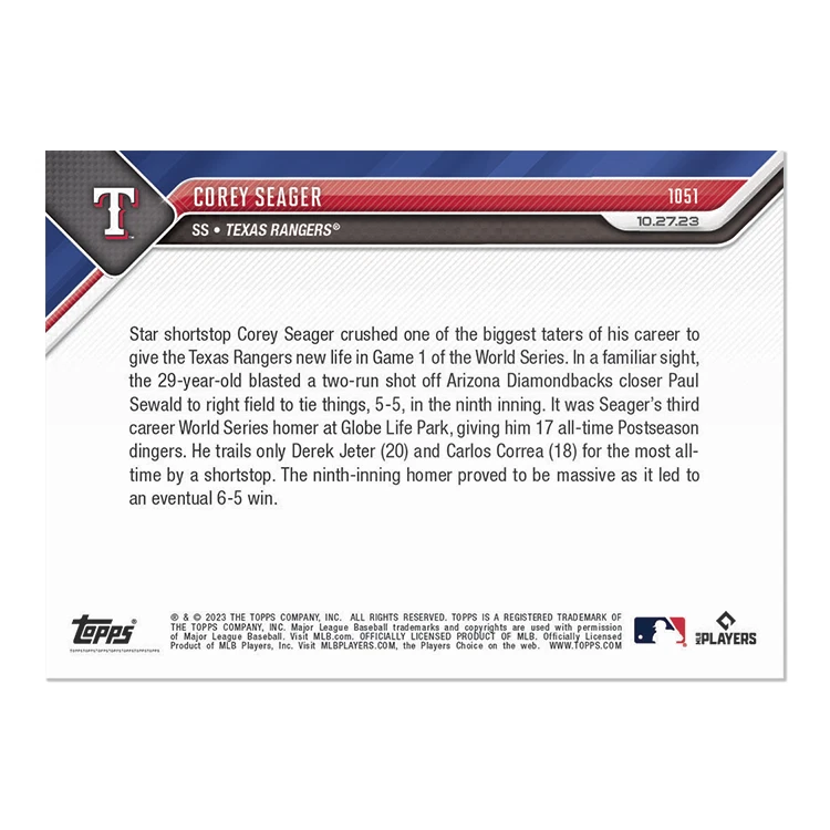 COREY SEAGER World Series HR em 9º 2023 Topps Now #1051 Texas Rangers, PR: 1374 - Imagem 4 de 4