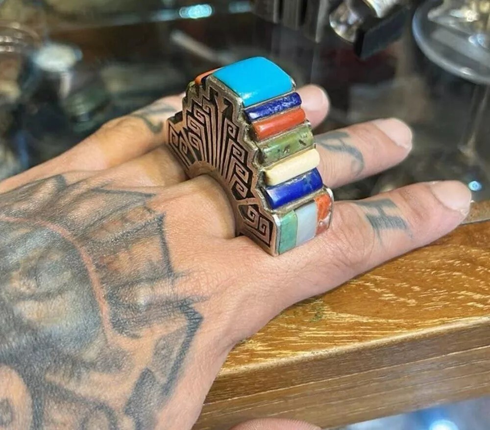 Large Solid Sterling Silver Ring with Turquoise &… - image 2