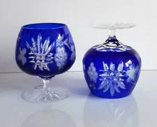 PAIR AJKA MARTISA COBALT CUT TO CLEAR CRYSTAL BRANDY GLASSES, MARKED