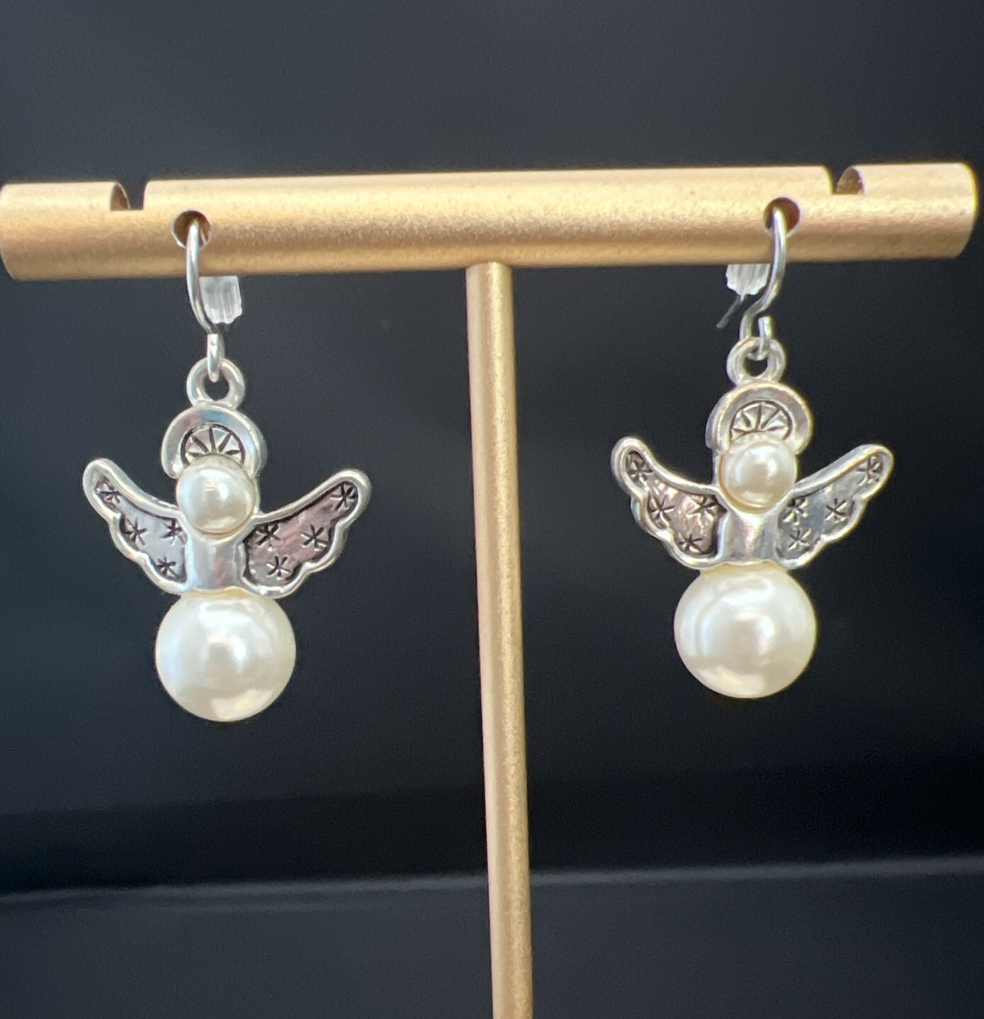 Silver Tone Angel Wing & Halo Earrings with White Faux Pearl-image