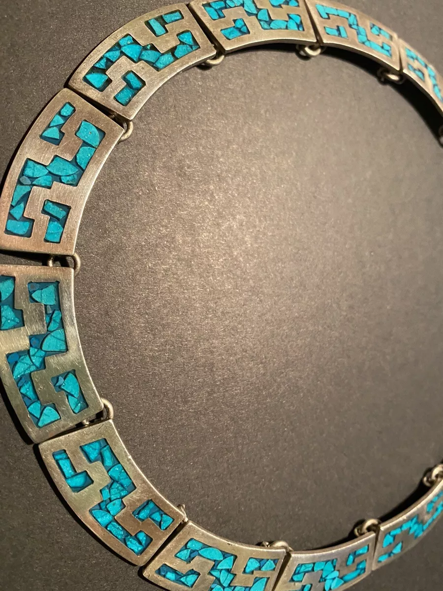 TAXO Mexican Silver Turquoise Necklace With Box Clasp Vintage