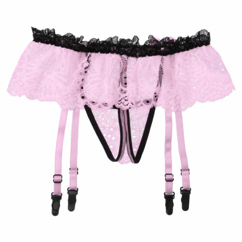 Agoky Sissy Herren Dessous G-string Transparente Spitzen Slip mit Strumpfband - Bild 5 von 37