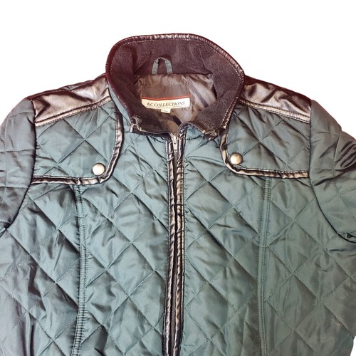 KC Collections Quilted Puffer Jacket Emrald Green Womens XL Belted Pleather Trim - Picture 9 of 20