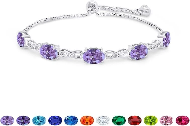 Теннисный браслет-боло с имитацией камня рождения и настоящего бриллианта покрытие белым золотом 14 карат - Изображение 3 из 4