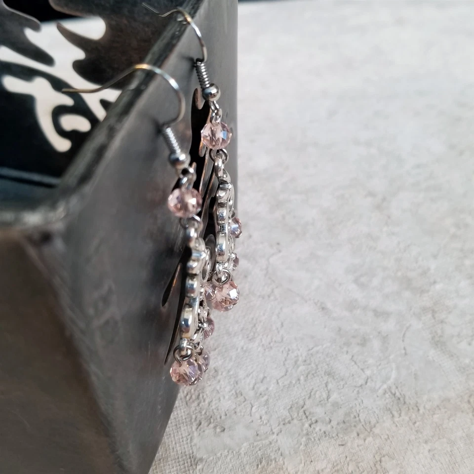 Victorian Pink Faceted Crystal Art Nouveau Silver Scroll Chandelier Earrings - Image 4 of 4