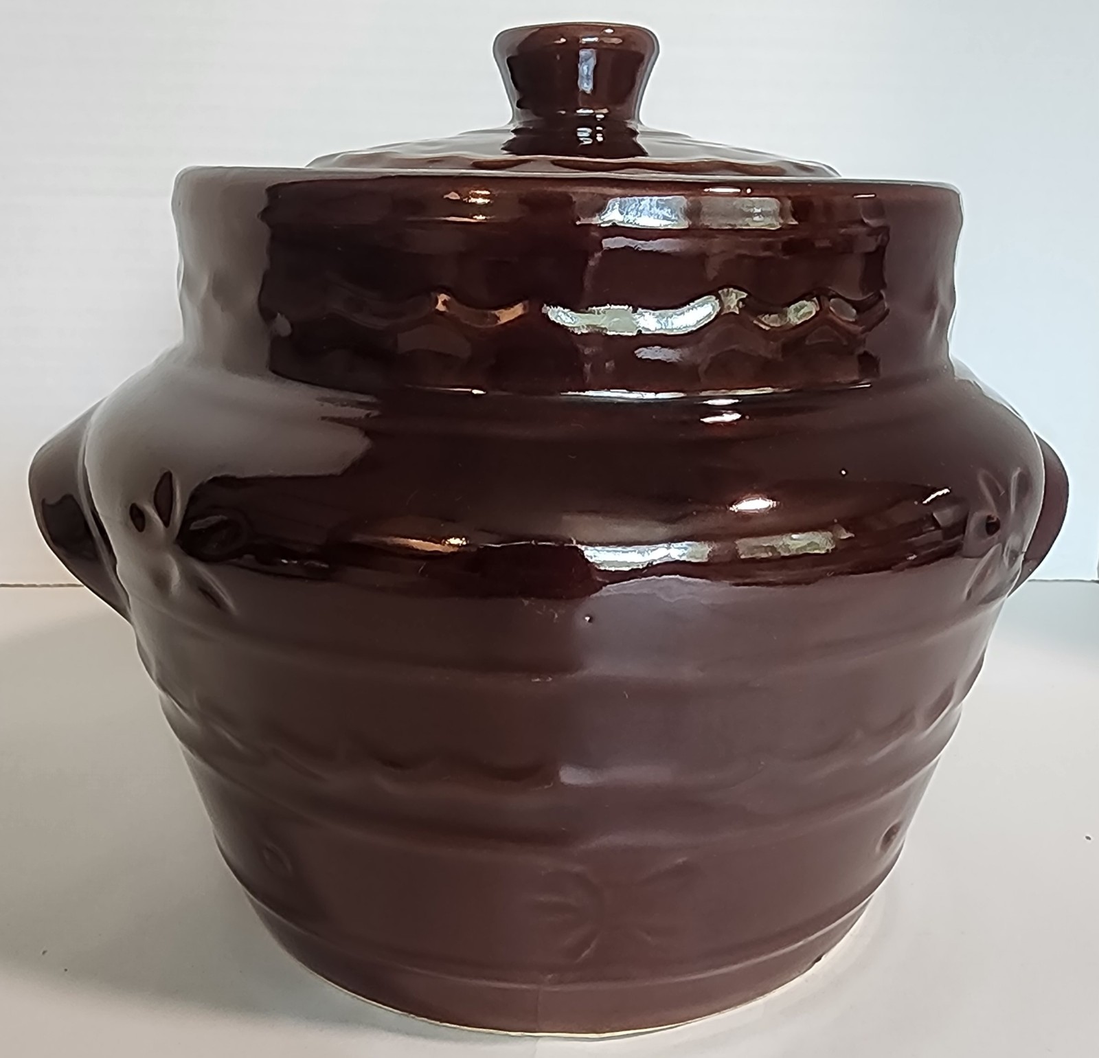 Marcrest Oven Proof Stoneware Bean Pot CROCK Daisy Dot Vtg. USA  Includes HEATER