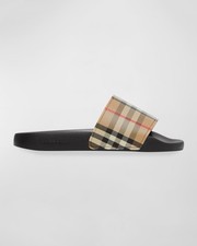 Burberry Men's Beige Black Red Check Logo Slip-On Slide Sandals Casual