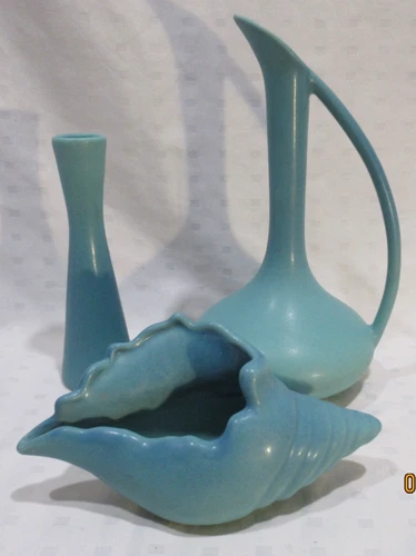 3 pcs. Van Briggle Ming Blue Pottery (Picher, Shell & Vase)