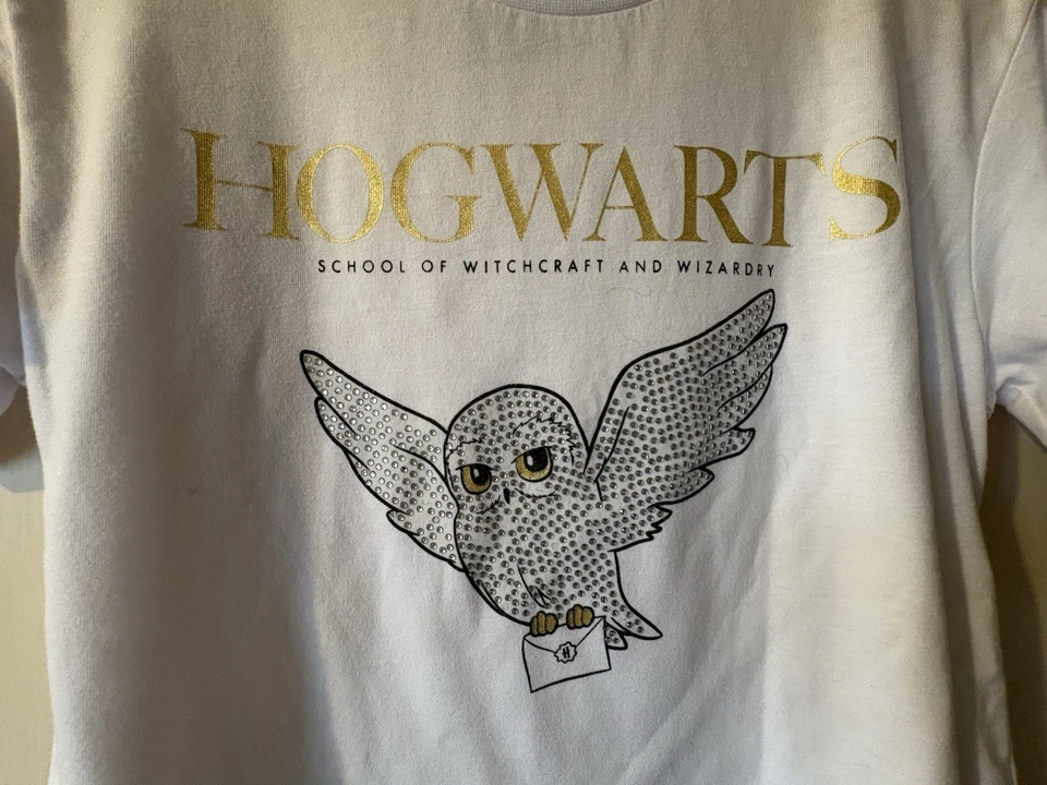 HARRY POTTER sparkly white HEDWIG HOGWARTS  T Shirt Age 8-9 Years By Primark - Image 2 of 4