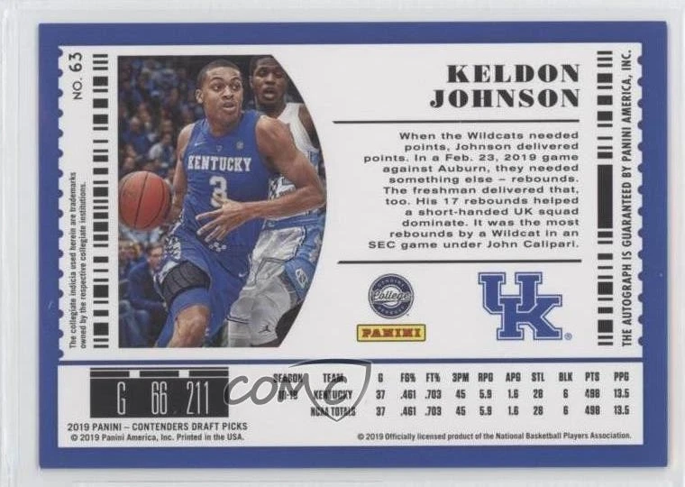 2019 Contenders Draft Picks Diamond Ticket /15 Keldon Johnson #63 Rookie Auto RC - Image 2 of 2