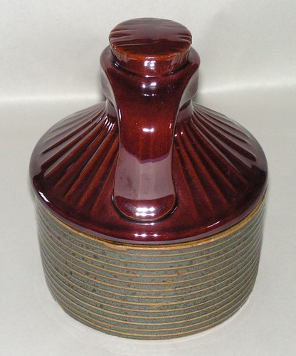 Whiskey Jug Shaped Stoneware Pottery Cannister - Brown / Green - Two Piece - Picture 2 of 8