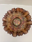 Vintage Fenton Carnival Glass Bowl Grapes And Leaves Marigold Iridescent Ruffle
