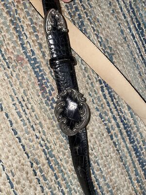 BRIGHTON BLACK ALLIGATOR CROC Embossed LEATHER BELT SILVER  display picture 3