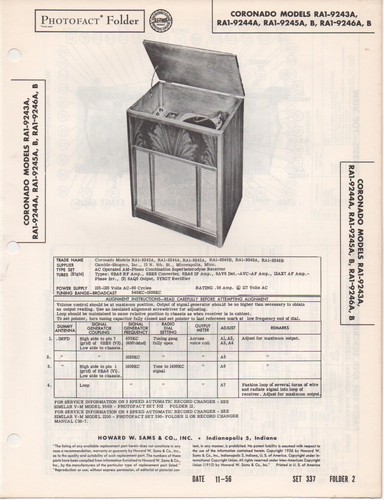 1956 CORONADO RA1-9243A -9244 -9245 B Radio service manual PHOTOFACT SCHEMATIC - 第 1/1 張圖片
