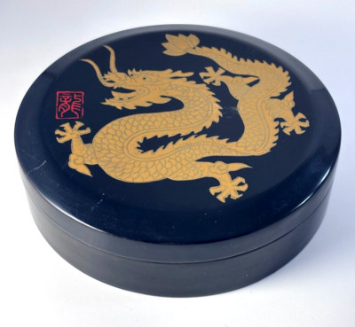 Black Lacquerware Gold Dragon Trinket Box 6.25'' Round
