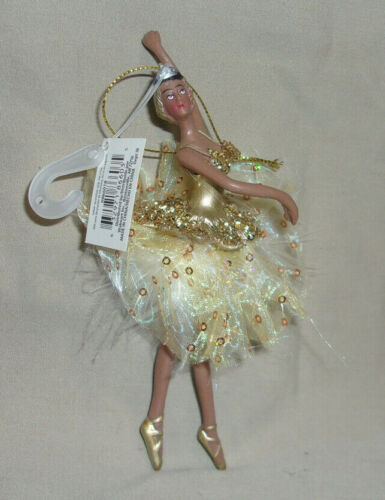 Christmas Ornament 6.5" African American ballerina gold marabou mesh sequin tutu - Afbeelding 1 van 5
