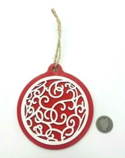 Harry & David Red White Wooden Christmas Ornament 3.5" Medford, Oregon USA