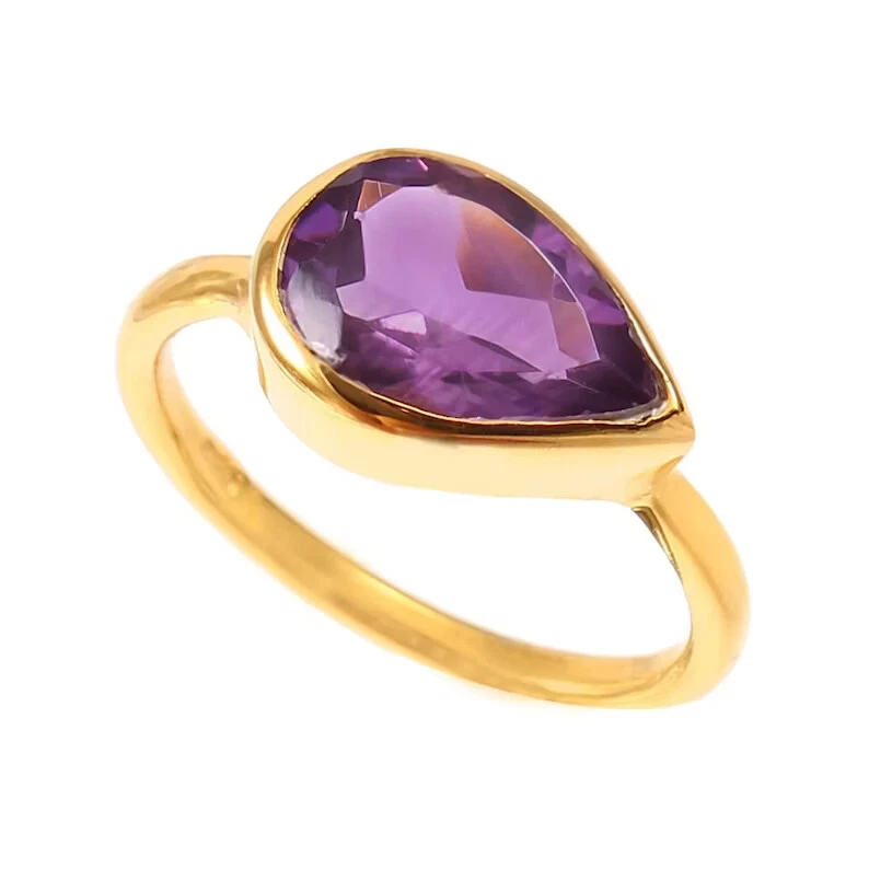 Anillo de amatista natural, anillo llamativo, piedra de pera, delicado anillo delicado Foto 4 de 4