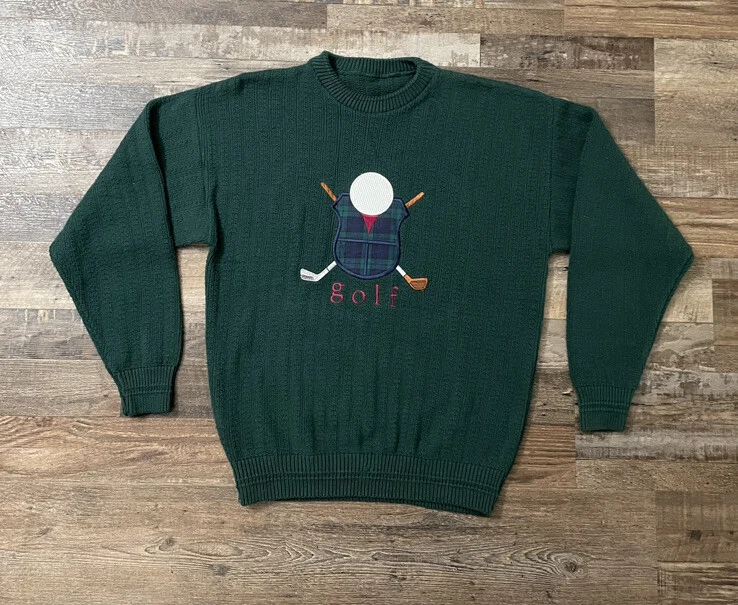Vintage 90s Green knit golf Embroidered Golfer Crewneck sweater mens Large