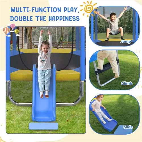 7FT Kids Trampoline w Safety Enclosure Net, Indoor Outdoor Trampoline with Slide - Picture 8 of 14