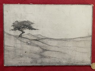 c1940 Black Chalk Pencil ? Landscape Drawing with Tree & Goat