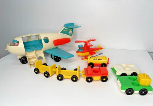 Vintage Fisher Price Little People Airplane Helicopter Pilot Suitcase Tug Jet
