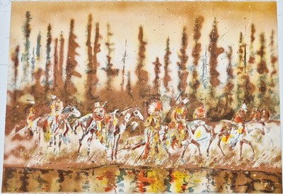 Abstract Gouache Print of ''Indians on Horses heading to battle'' by King Kuka