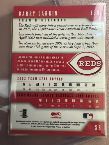 2003 Donruss Barry Larkin Team Heroes Statline RARE INSERT /124 🔥🔥 #139 - Picture 3 of 3