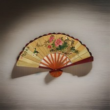 Vintage Chinese Wooden Folding Fan Hand Painted Wall Hanging Decor 27  Wide